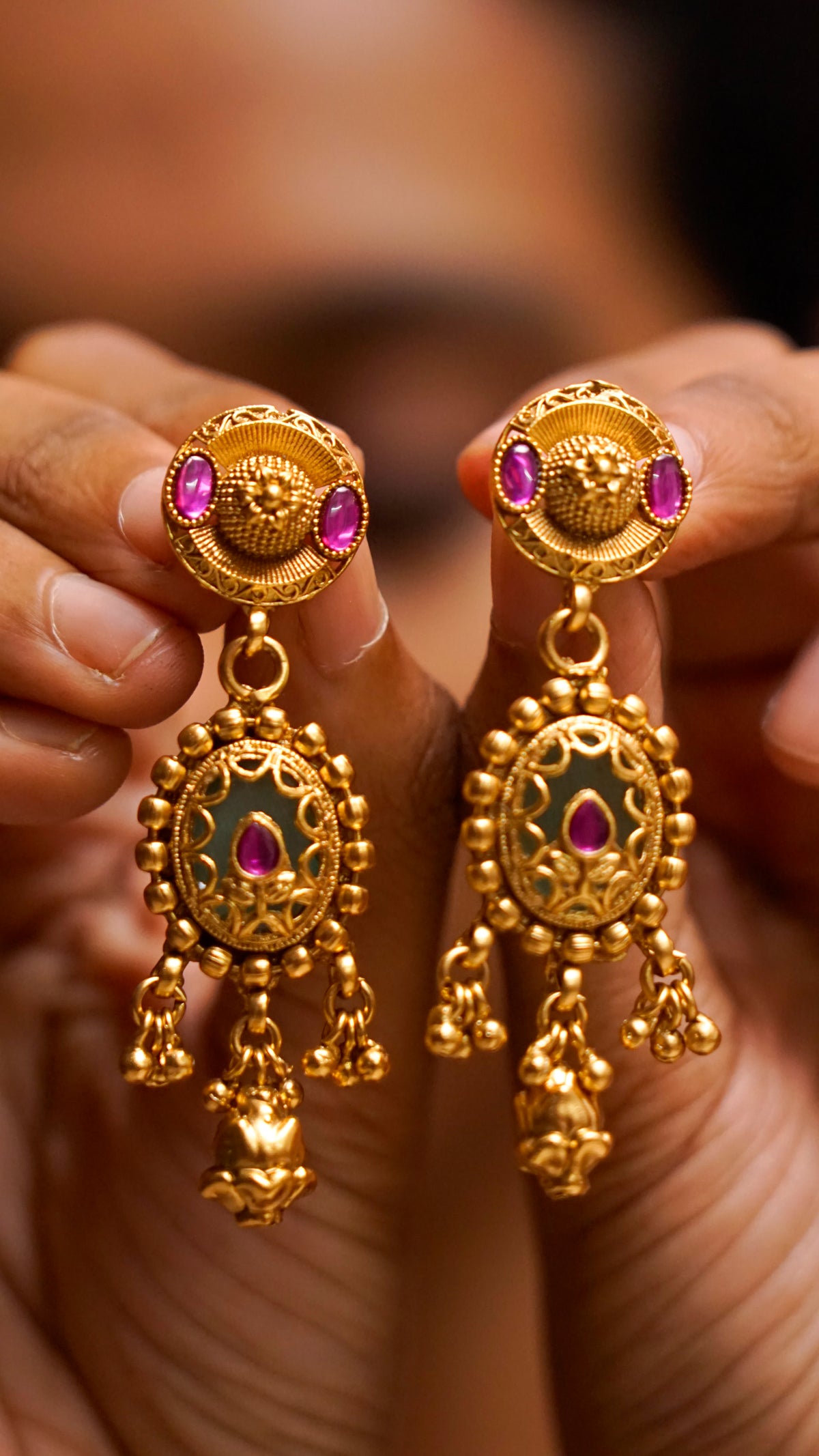 Antique Gold Ruby Stone Drop Earrings [J71]