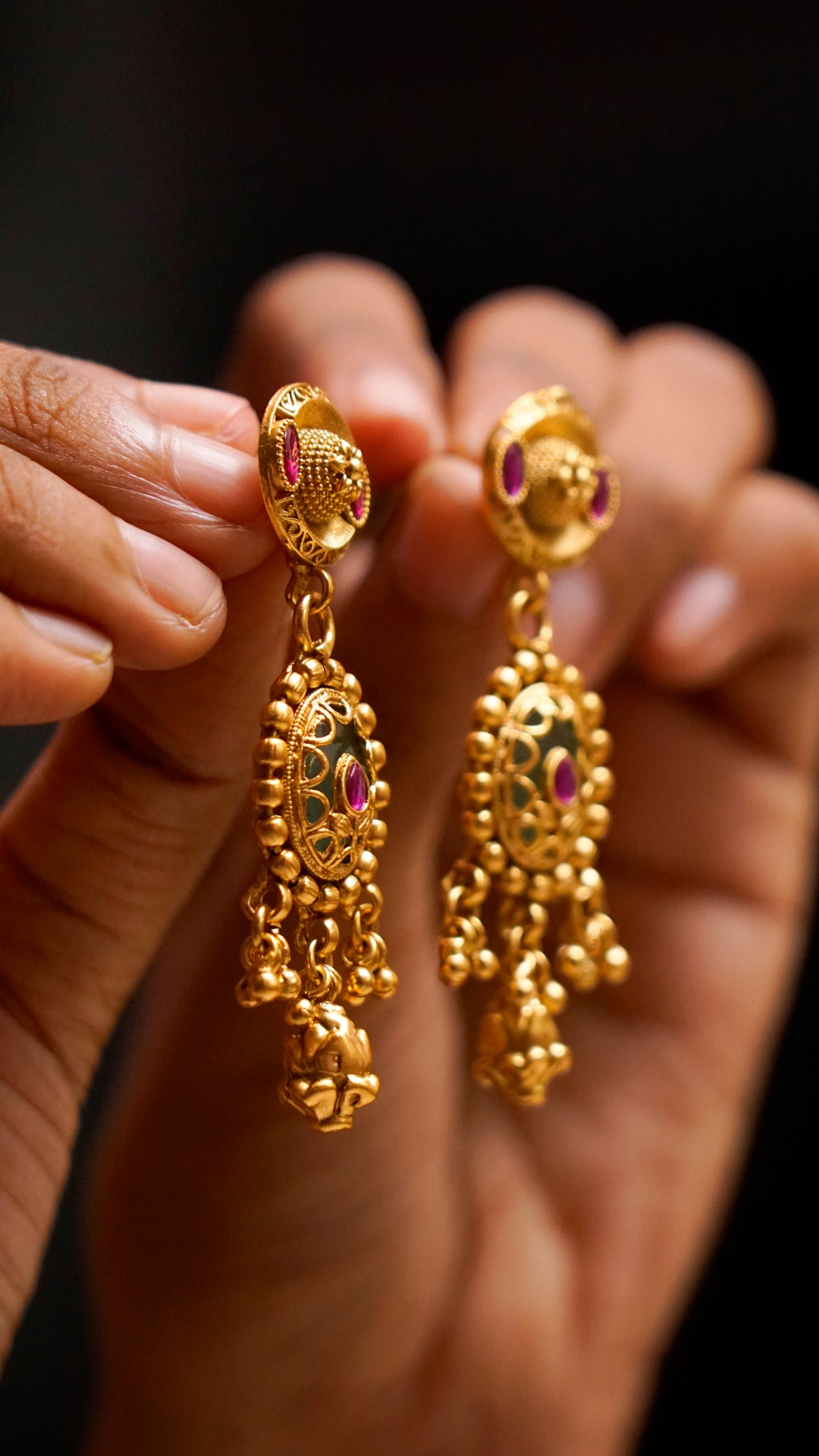 Antique Gold Ruby Stone Drop Earrings [J71]