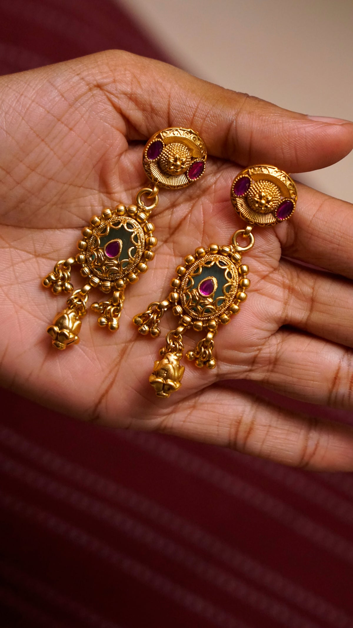 Antique Gold Ruby Stone Drop Earrings [J71]