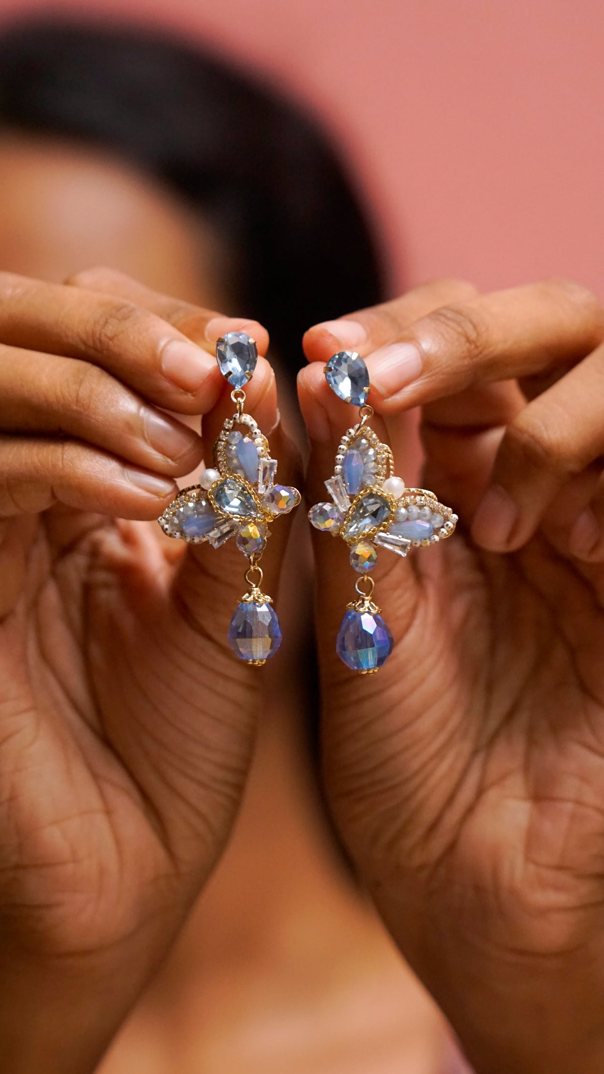 Blue Crystal Butterfly Drop Earrings [J93]