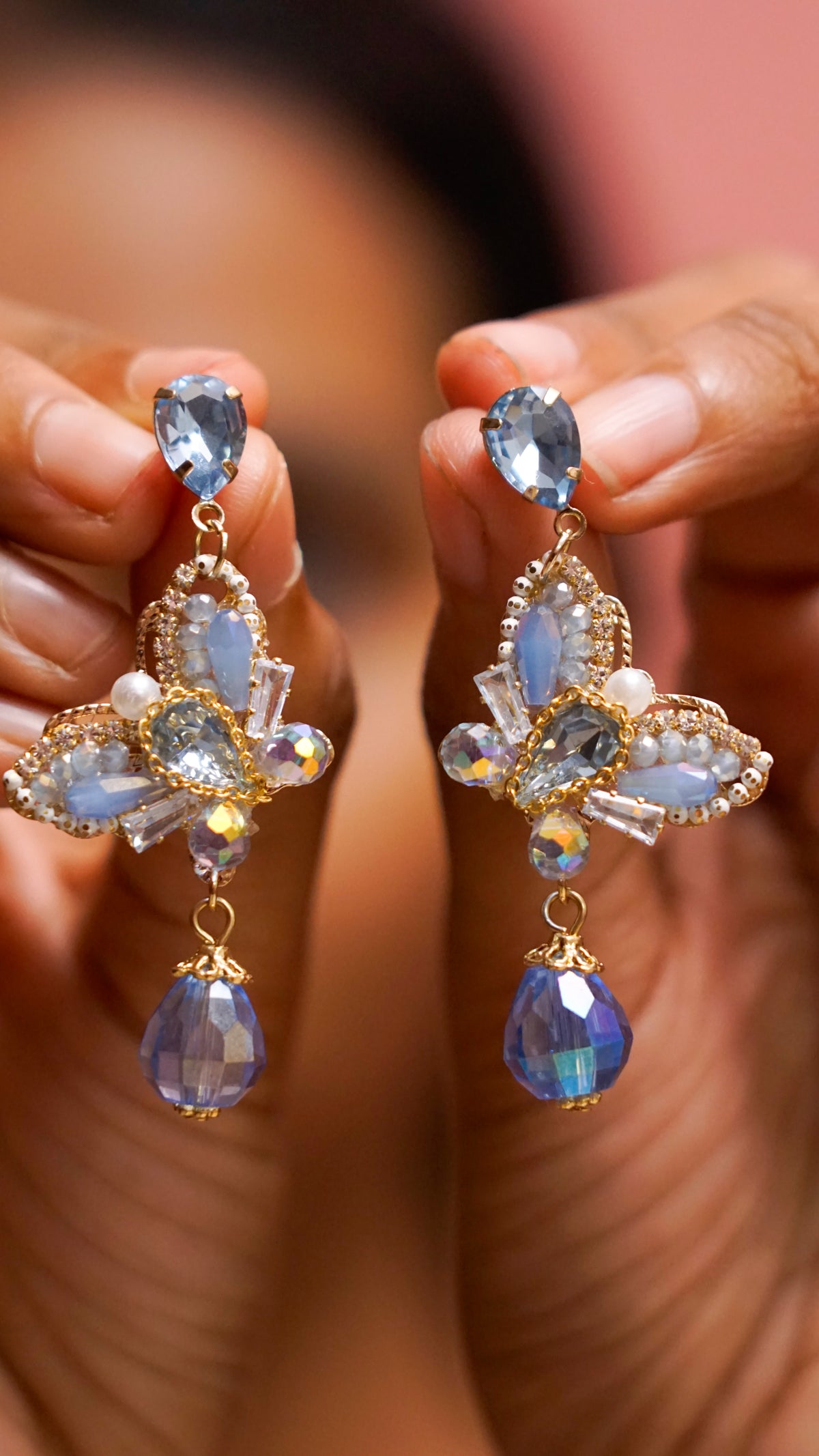 Blue Crystal Butterfly Drop Earrings [J93]