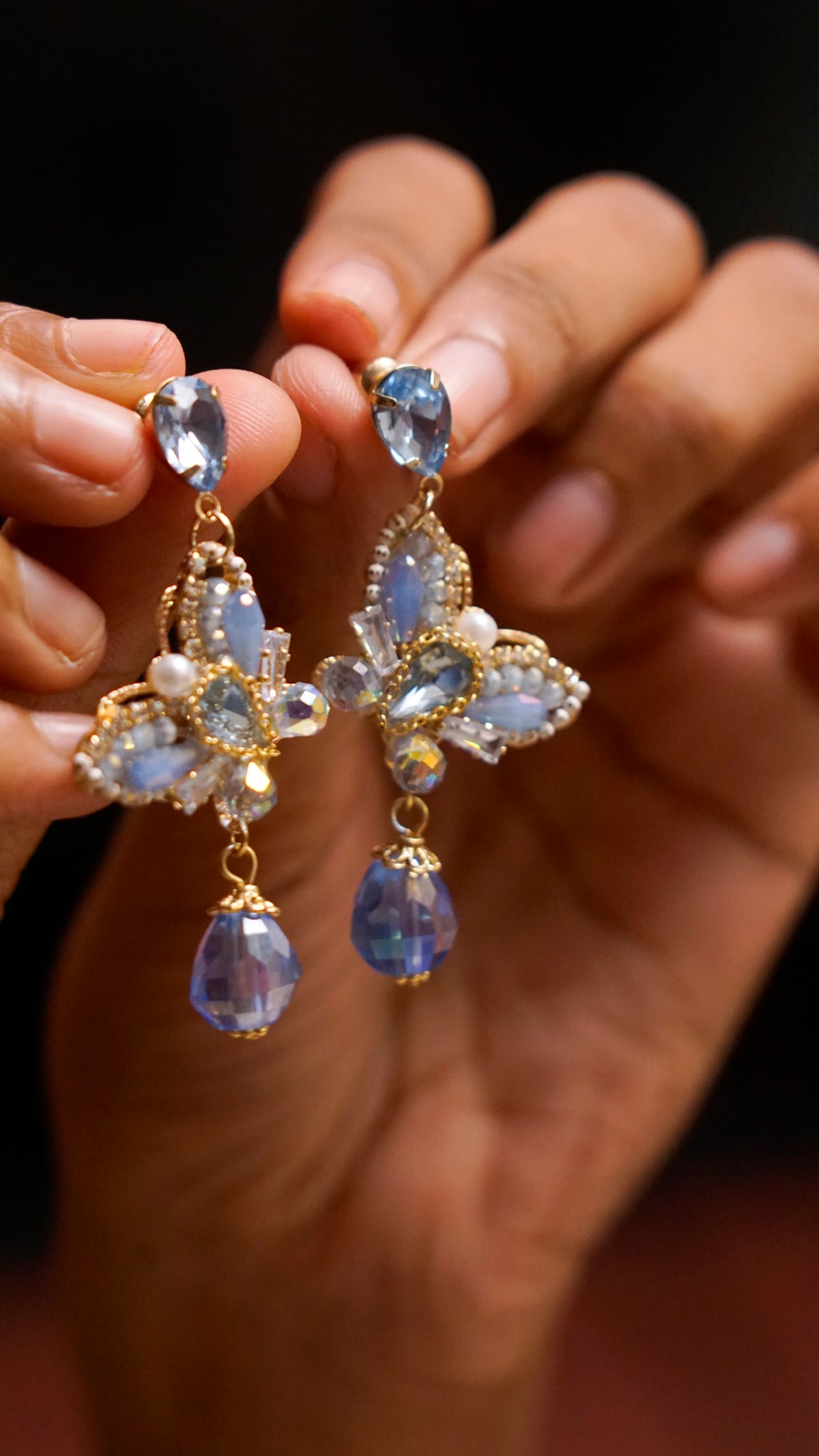Blue Crystal Butterfly Drop Earrings [J93]
