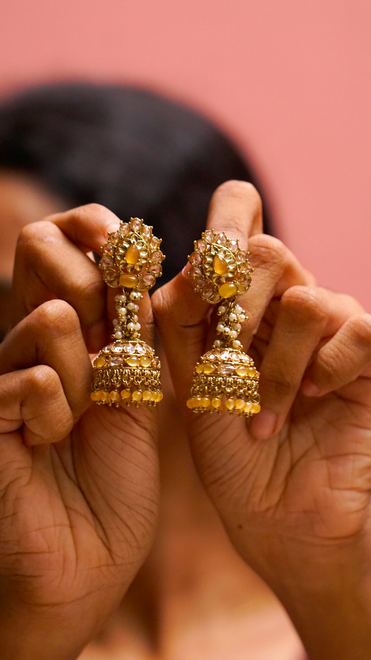 Gold-Tone Stone-Studded Jhumka Earrings [J67]