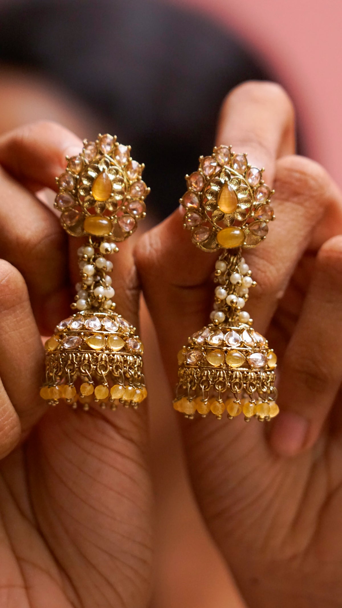 Gold-Tone Stone-Studded Jhumka Earrings [J67]
