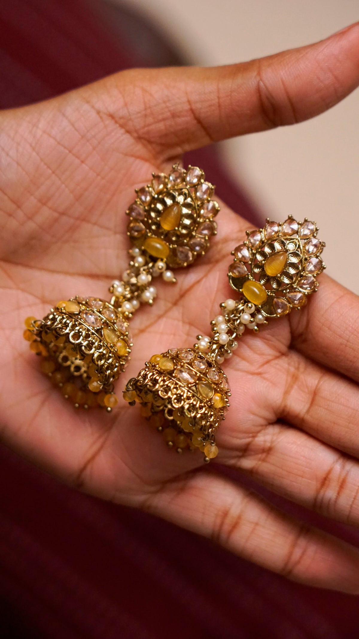 Gold-Tone Stone-Studded Jhumka Earrings [J67]