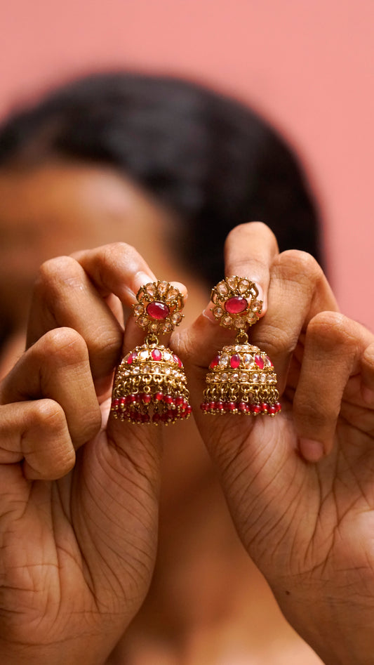 Royal Ruby Pink Jhumka Earrings [J70]