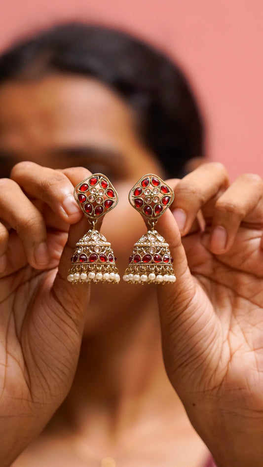 Royal Ruby Red & Gold Jhumka Earrings [J62]