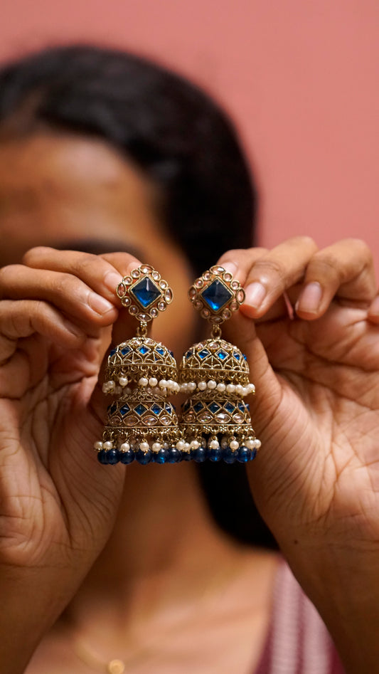 Royal Blue & Gold Jhumka Earrings  [J56]