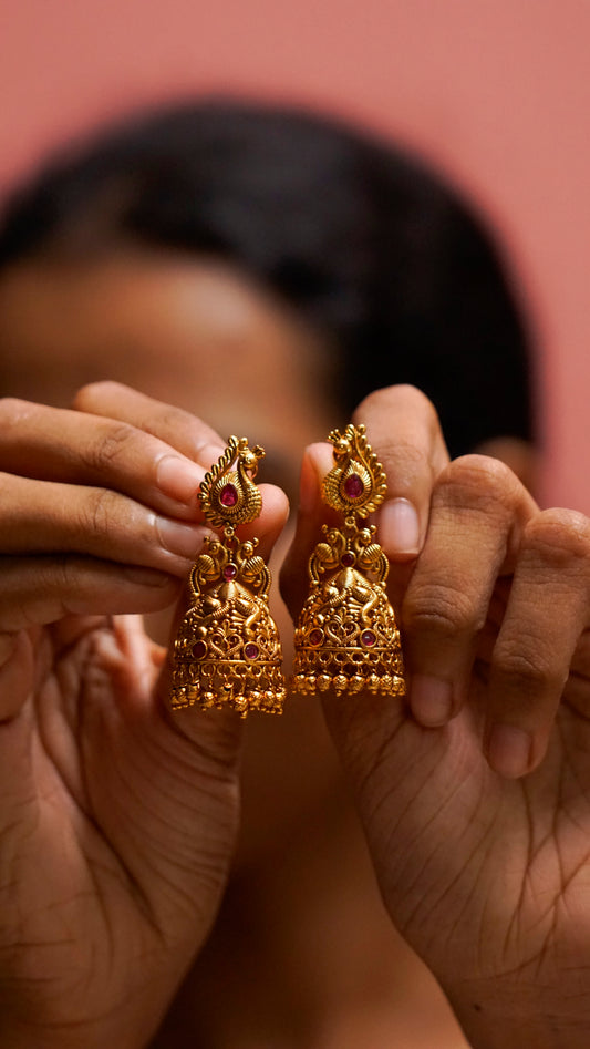Gold-Tone Stone-Studded Jhumka Earrings [J50]