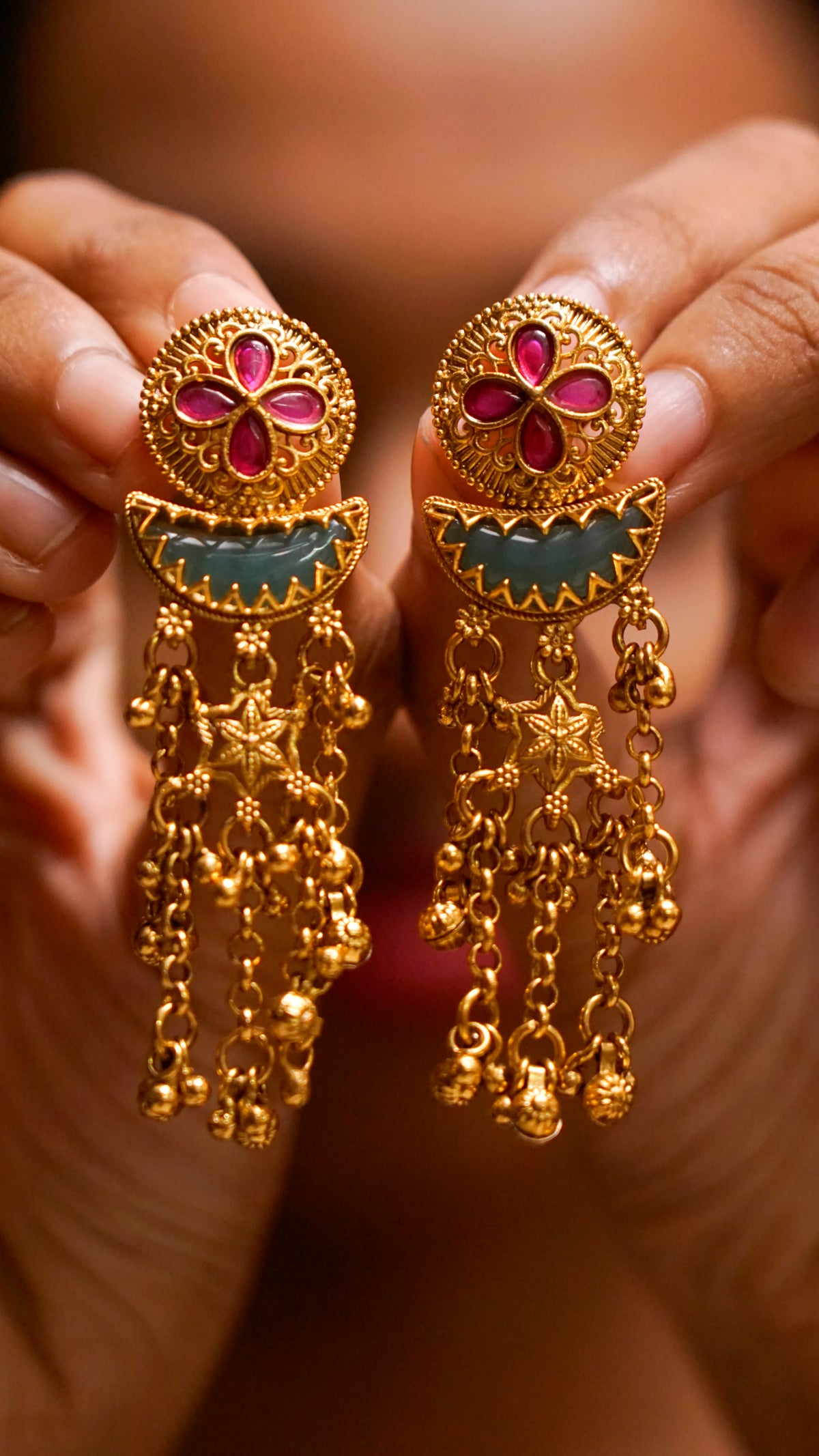 Gold-Tone Stone-Studded Jhumka Earrings  [J72]