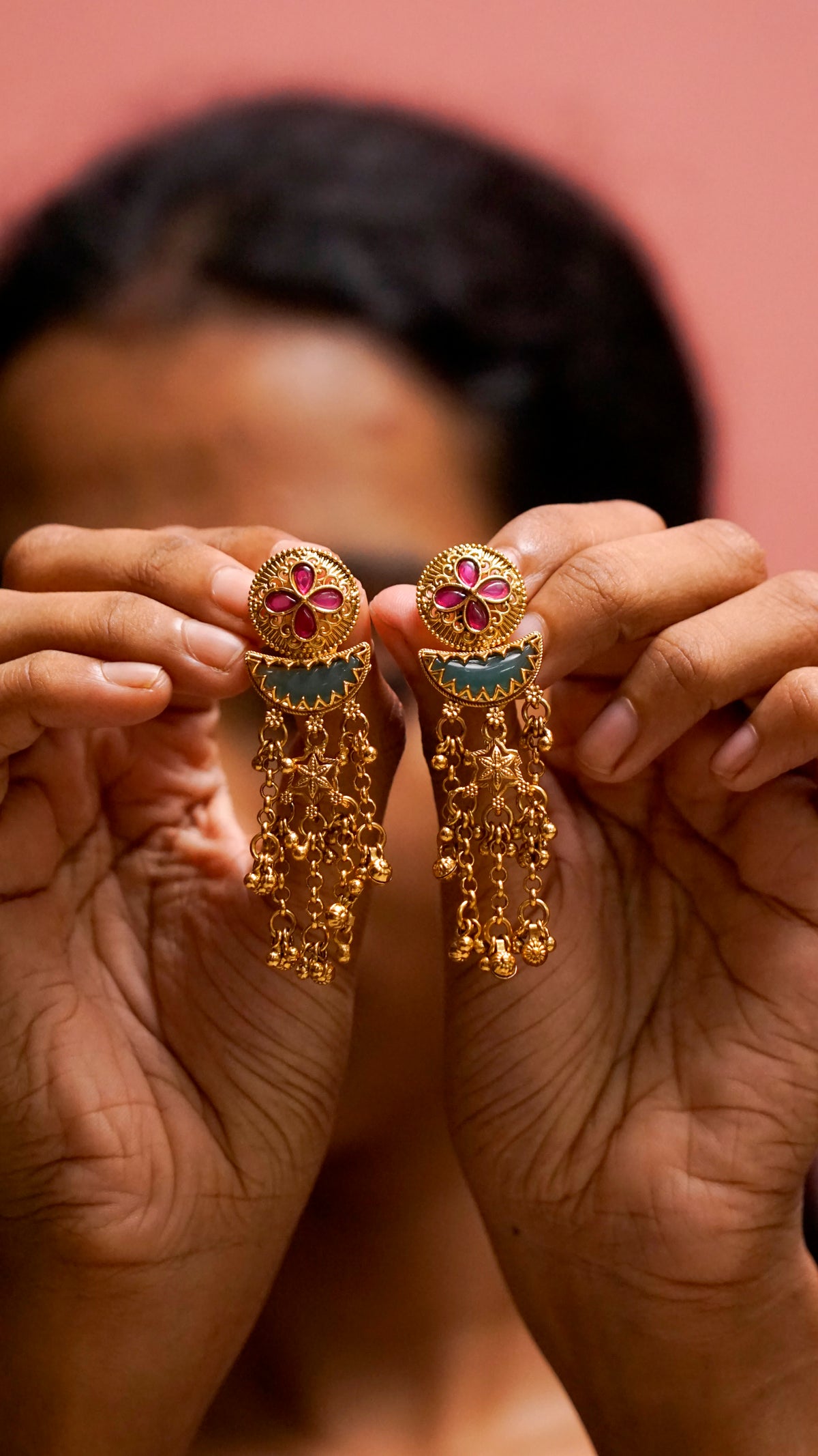 Gold-Tone Stone-Studded Jhumka Earrings  [J72]