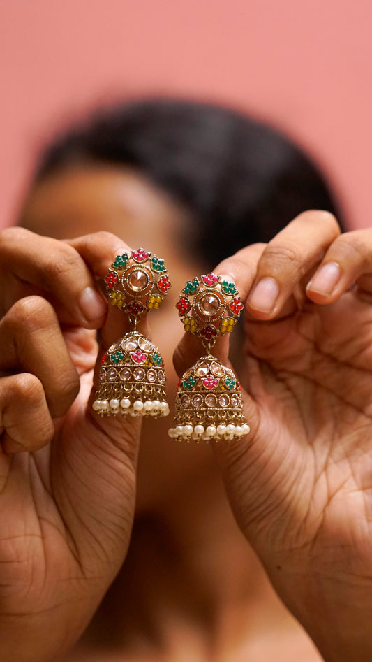 Multicolour Antique Gold Jhumka Earrings [J65]