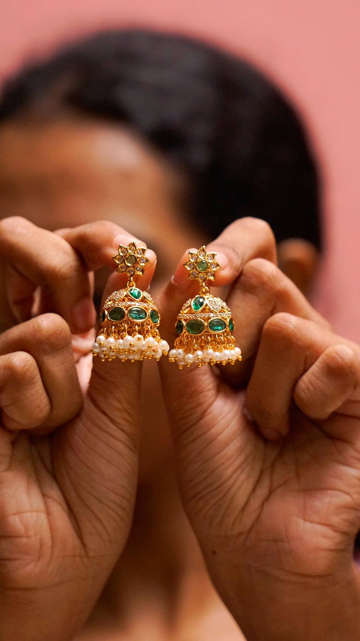 Gold-Tone Green Stone Pearl Jhumka Earrings [J63]