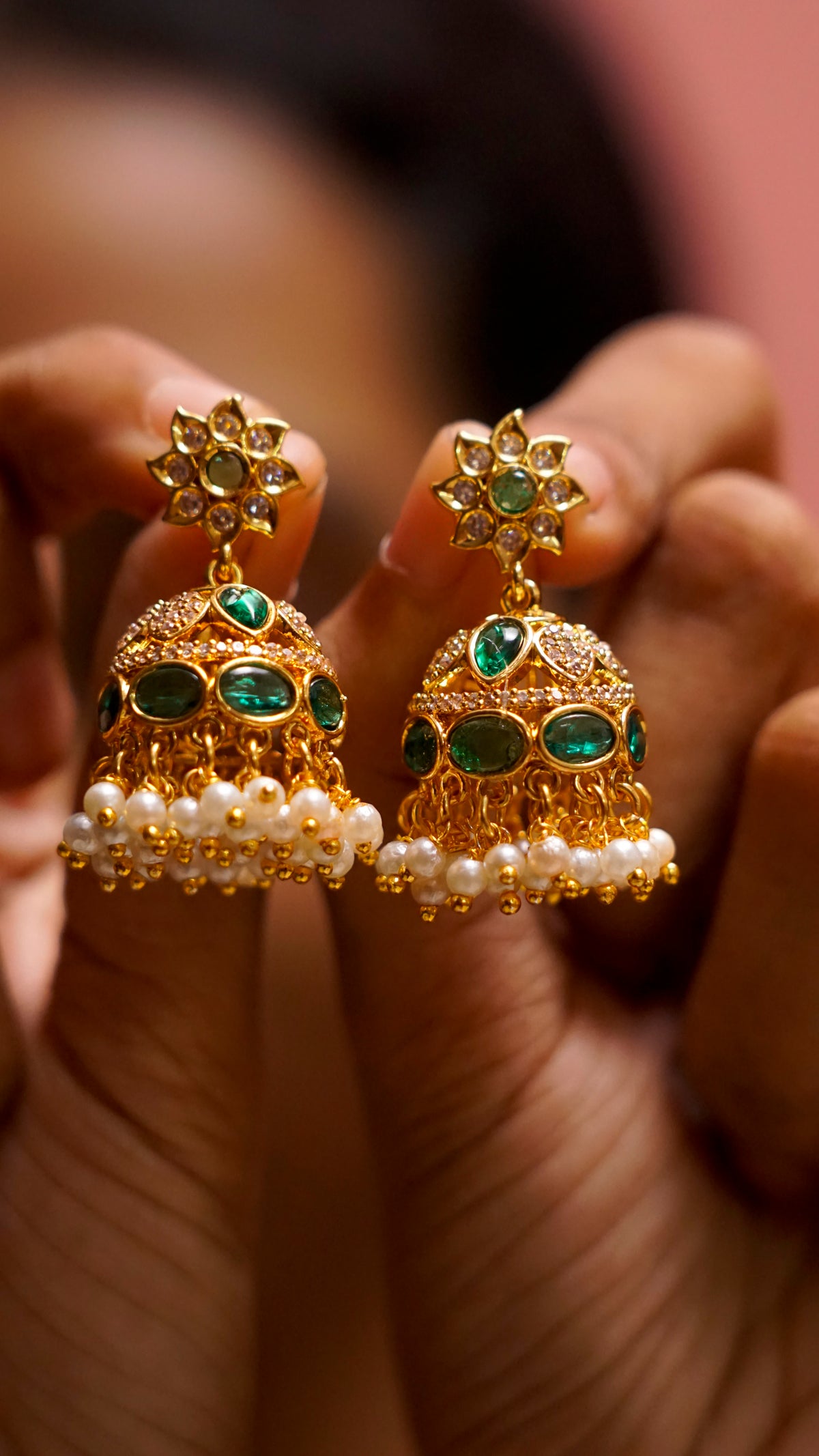 Gold-Tone Green Stone Pearl Jhumka Earrings [J63]
