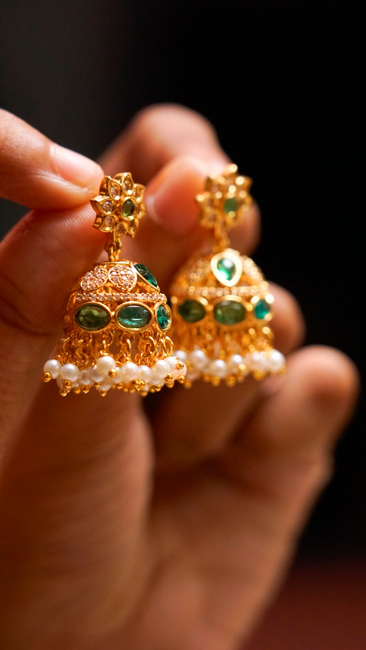 Gold-Tone Green Stone Pearl Jhumka Earrings [J63]