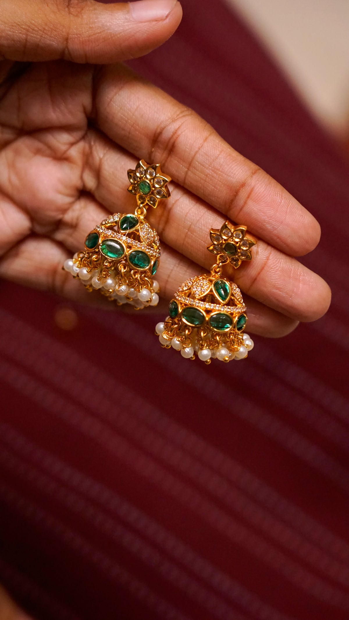 Gold-Tone Green Stone Pearl Jhumka Earrings [J63]