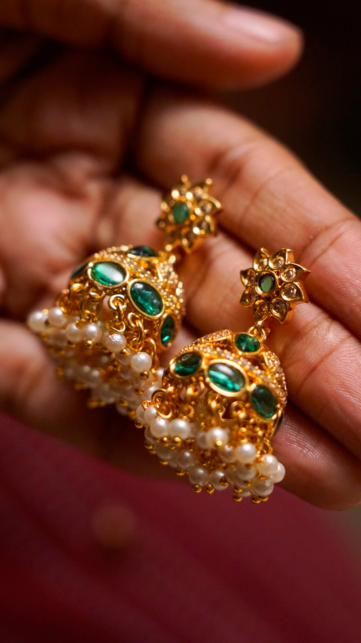 Gold-Tone Green Stone Pearl Jhumka Earrings [J63]
