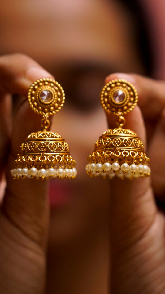 Gold-Tone Pearl Jhumka Earrings [J75]