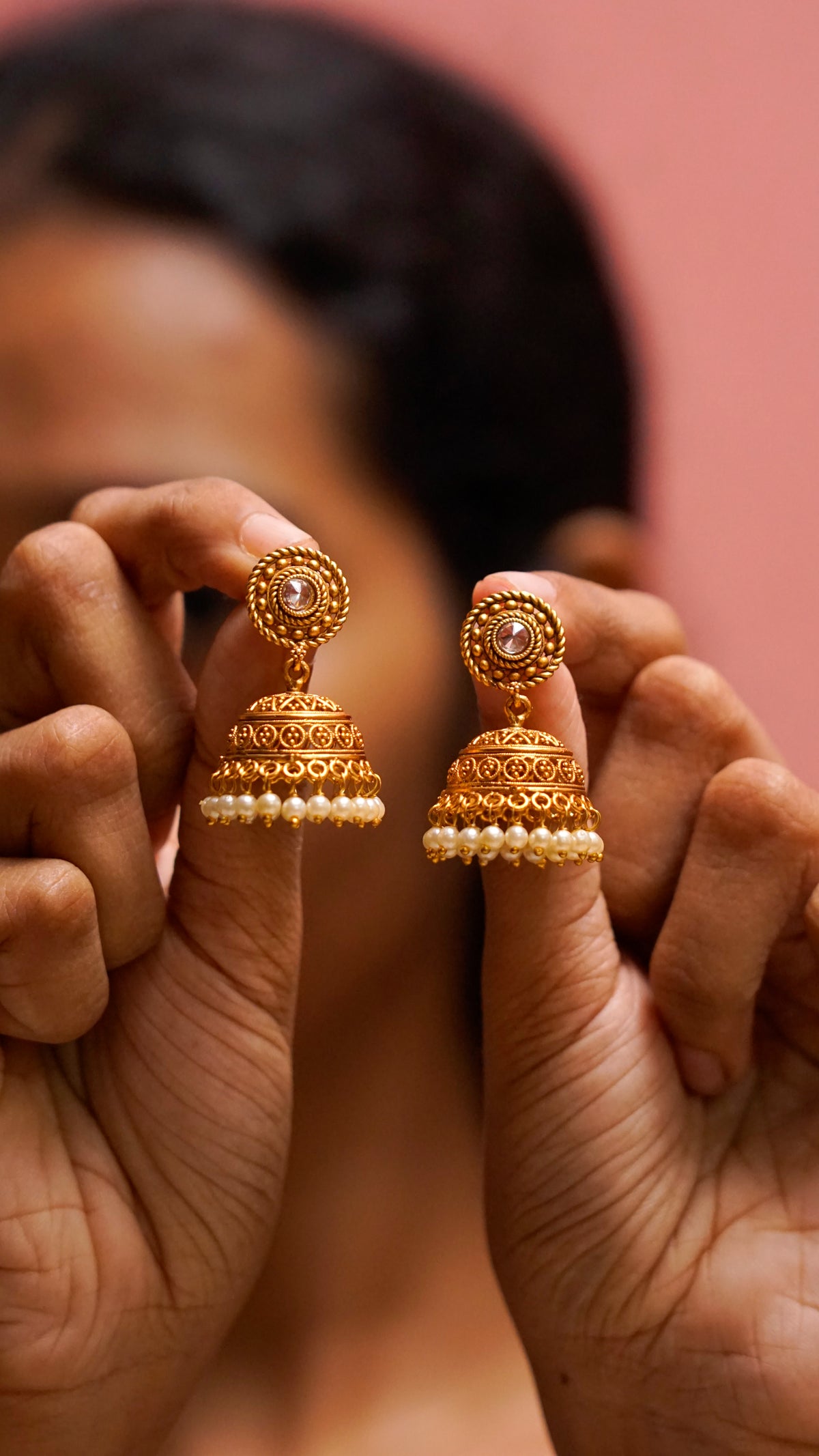 Gold-Tone Pearl Jhumka Earrings [J75]