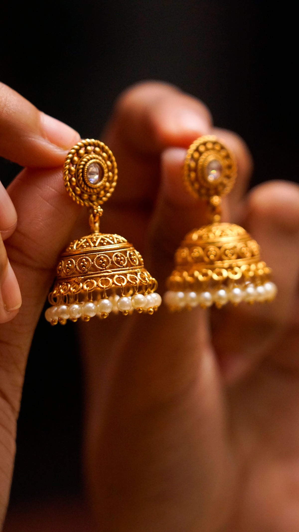Gold-Tone Pearl Jhumka Earrings [J75]