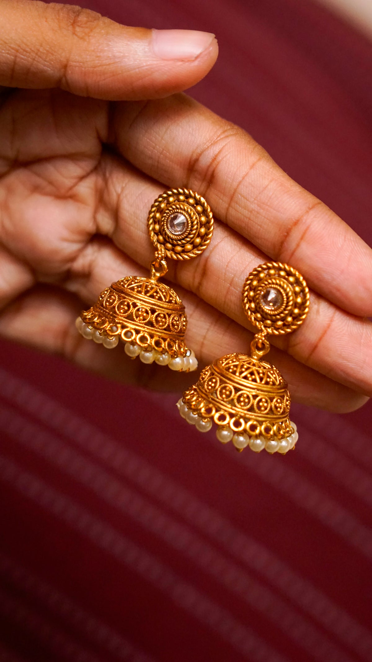 Gold-Tone Pearl Jhumka Earrings [J75]