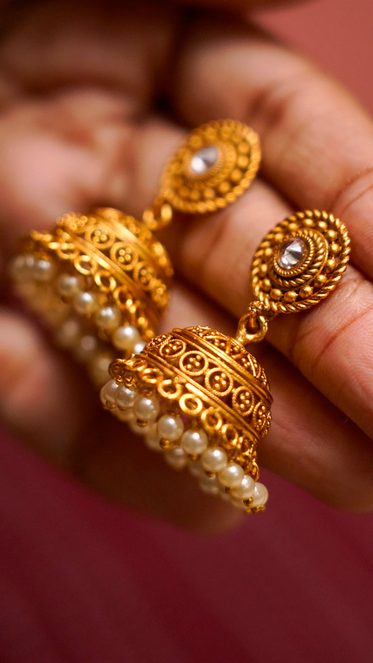 Gold-Tone Pearl Jhumka Earrings [J75]