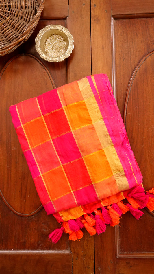 Vibrant Mul Cotton Saree with Golden Checks & Tassels [MC01]