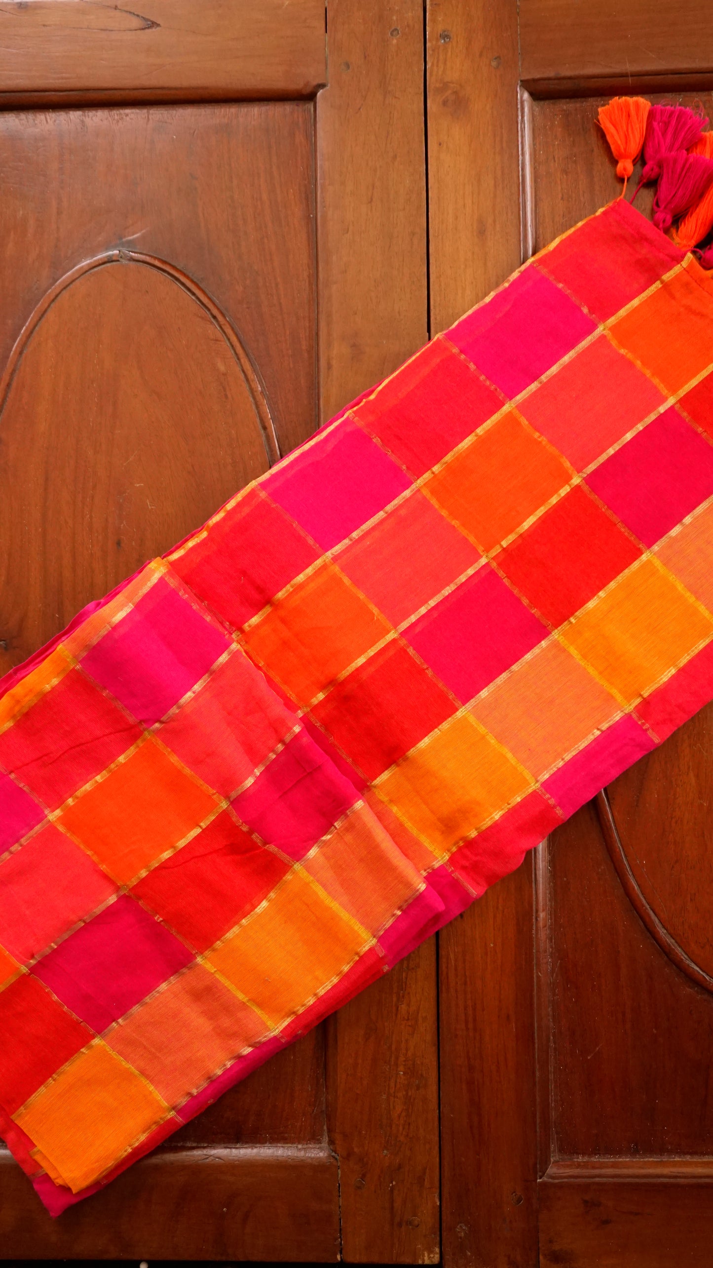 Vibrant Mul Cotton Saree with Golden Checks & Tassels [MC01]