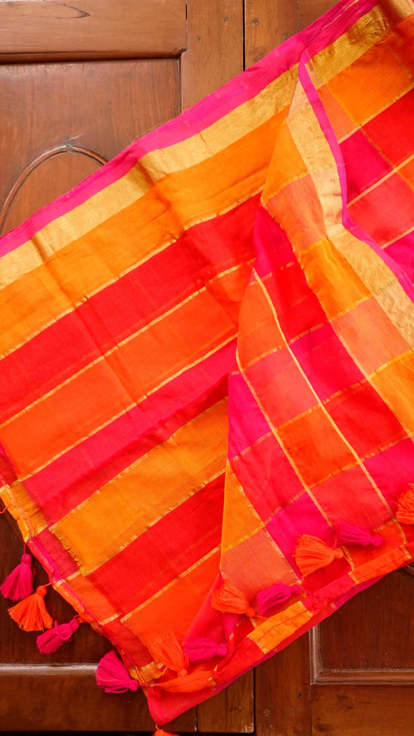 Vibrant Mul Cotton Saree with Golden Checks & Tassels [MC01]
