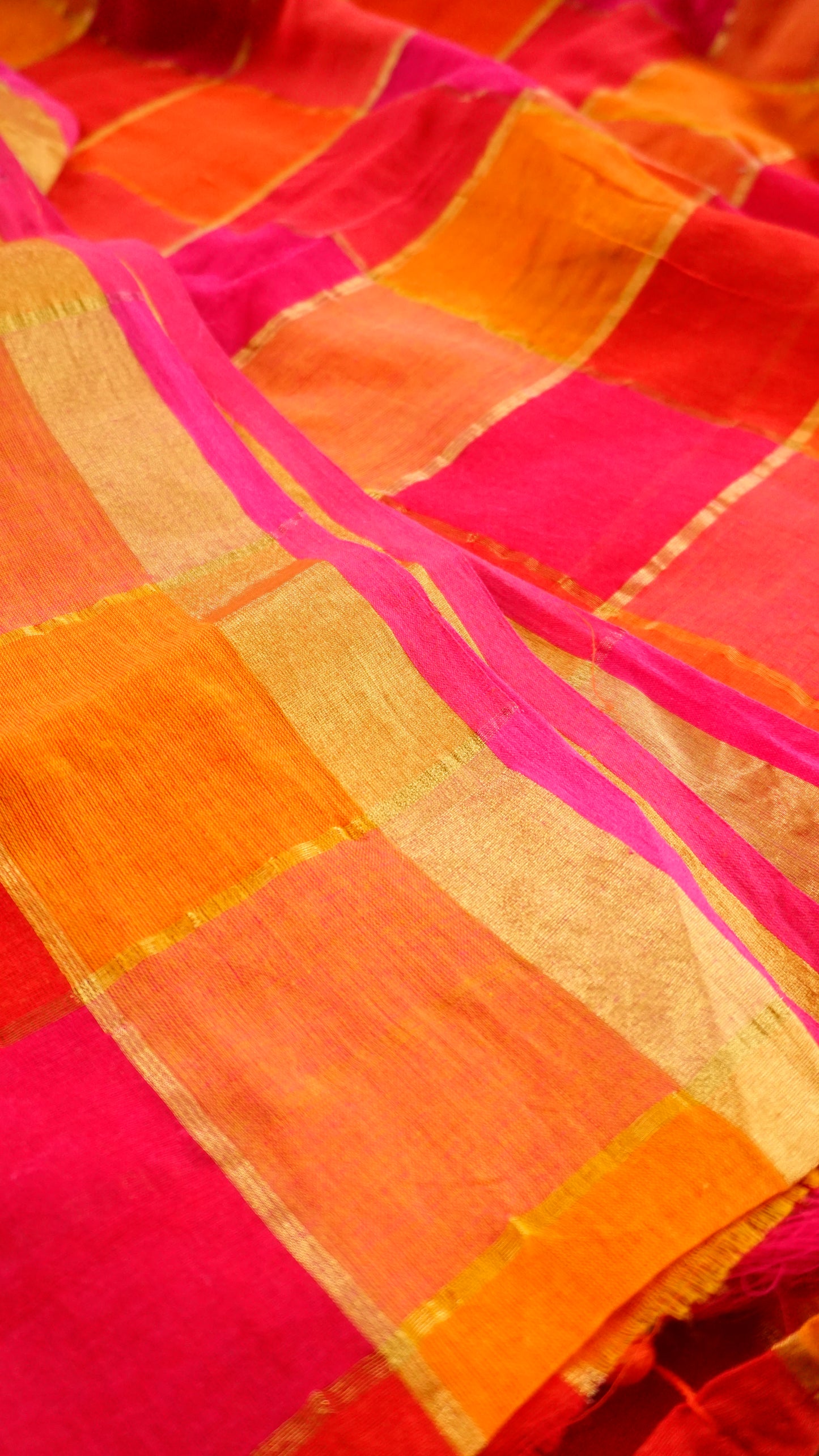 Vibrant Mul Cotton Saree with Golden Checks & Tassels [MC01]