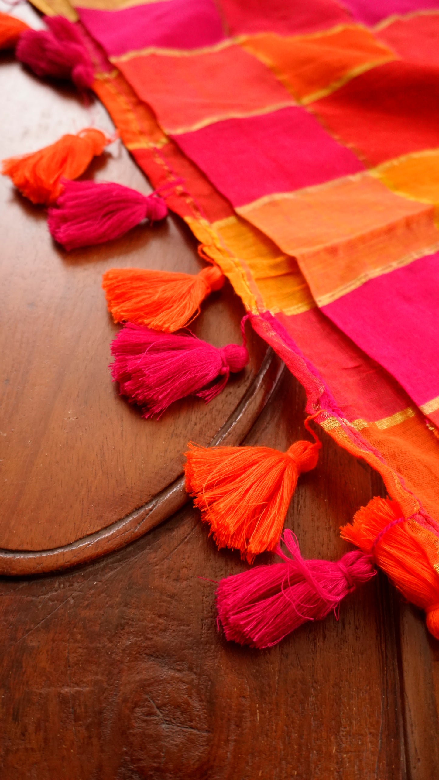 Vibrant Mul Cotton Saree with Golden Checks & Tassels [MC01]