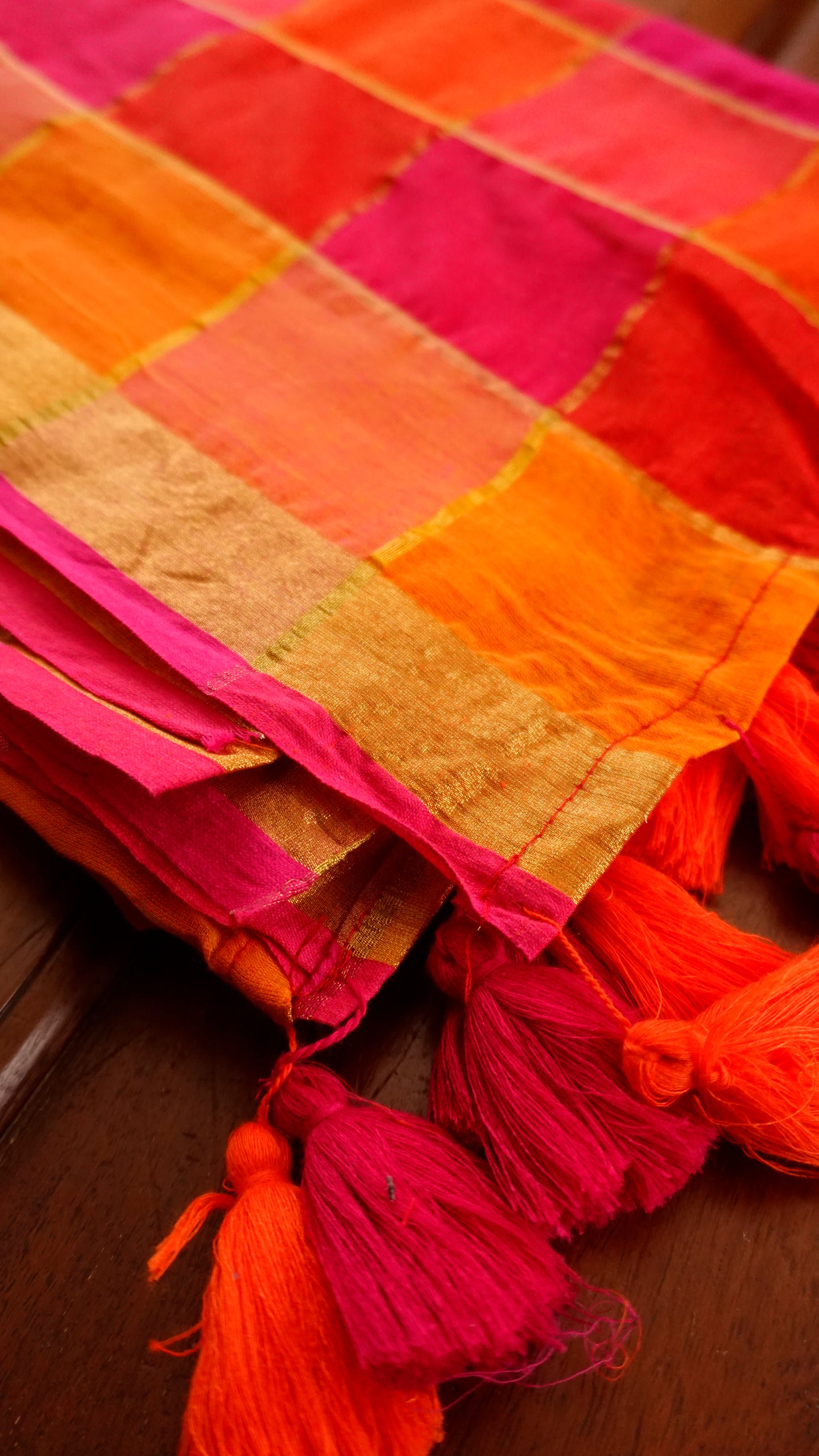 Vibrant Mul Cotton Saree with Golden Checks & Tassels [MC01]