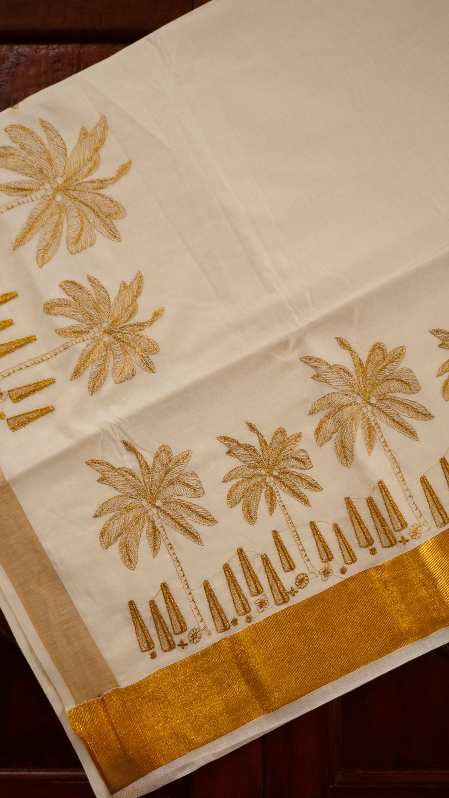 Traditional Kerala Kasavu Saree with Golden Palm Tree Motifs [MC86]