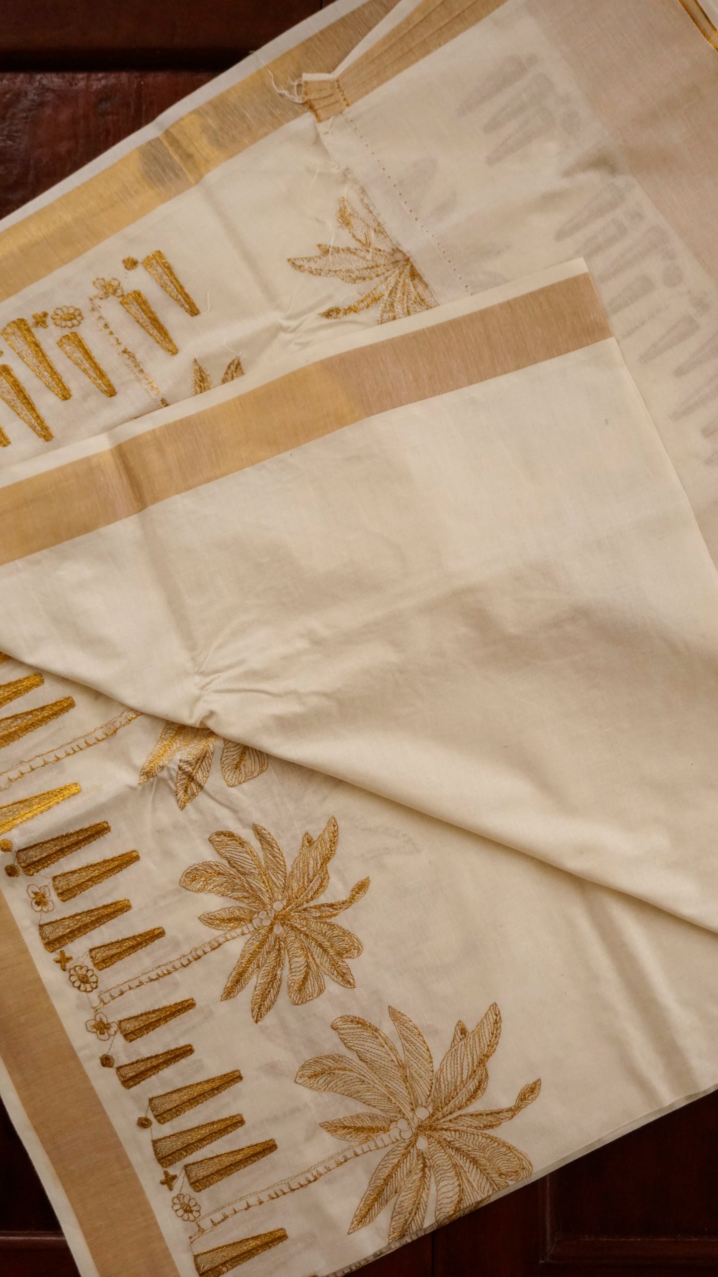 Traditional Kerala Kasavu Saree with Golden Palm Tree Motifs [MC86]