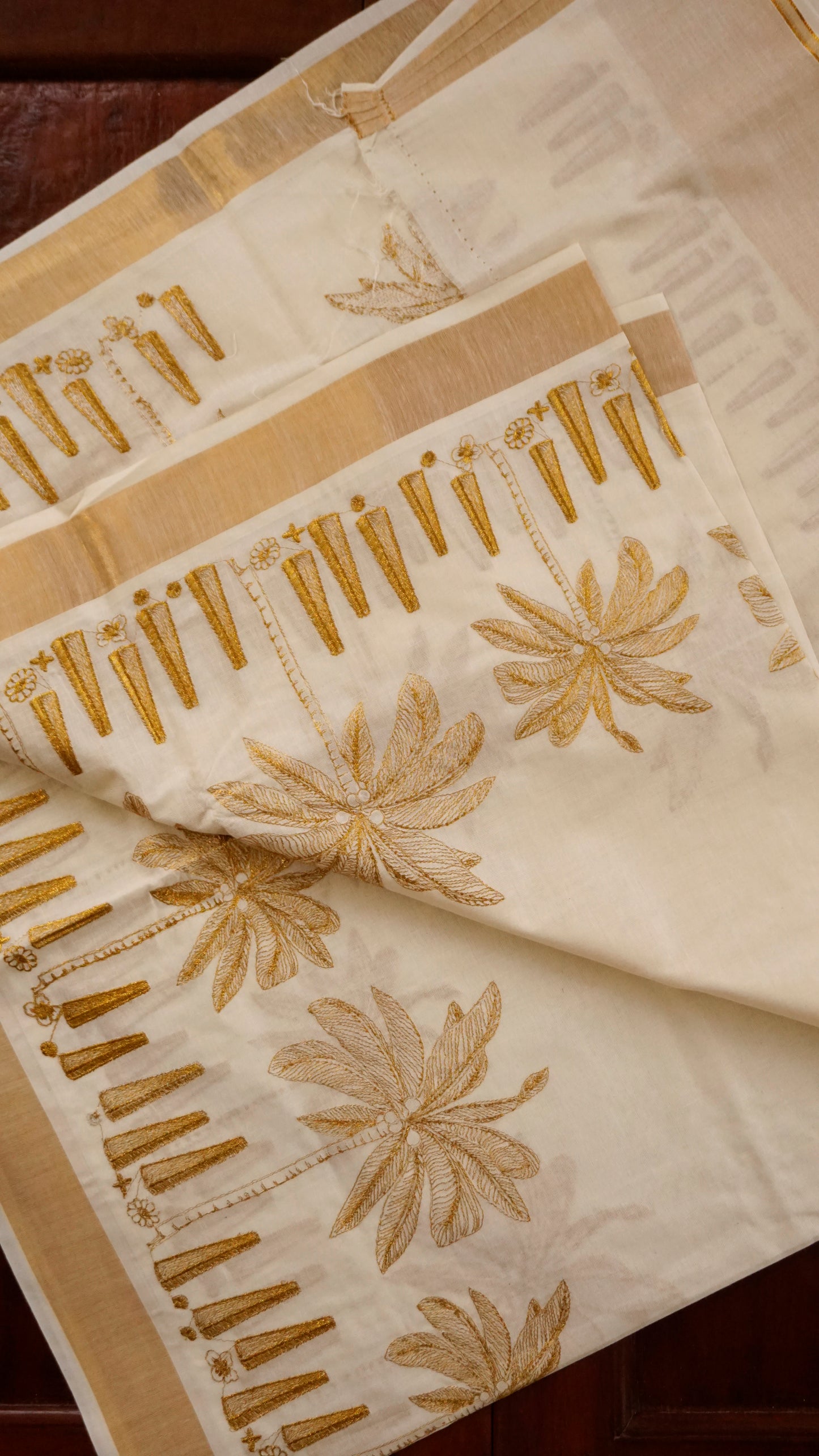 Traditional Kerala Kasavu Saree with Golden Palm Tree Motifs [MC86]