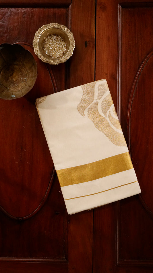 Elegant Kerala Kasavu Saree with Floral Zari Motifs [MC65]