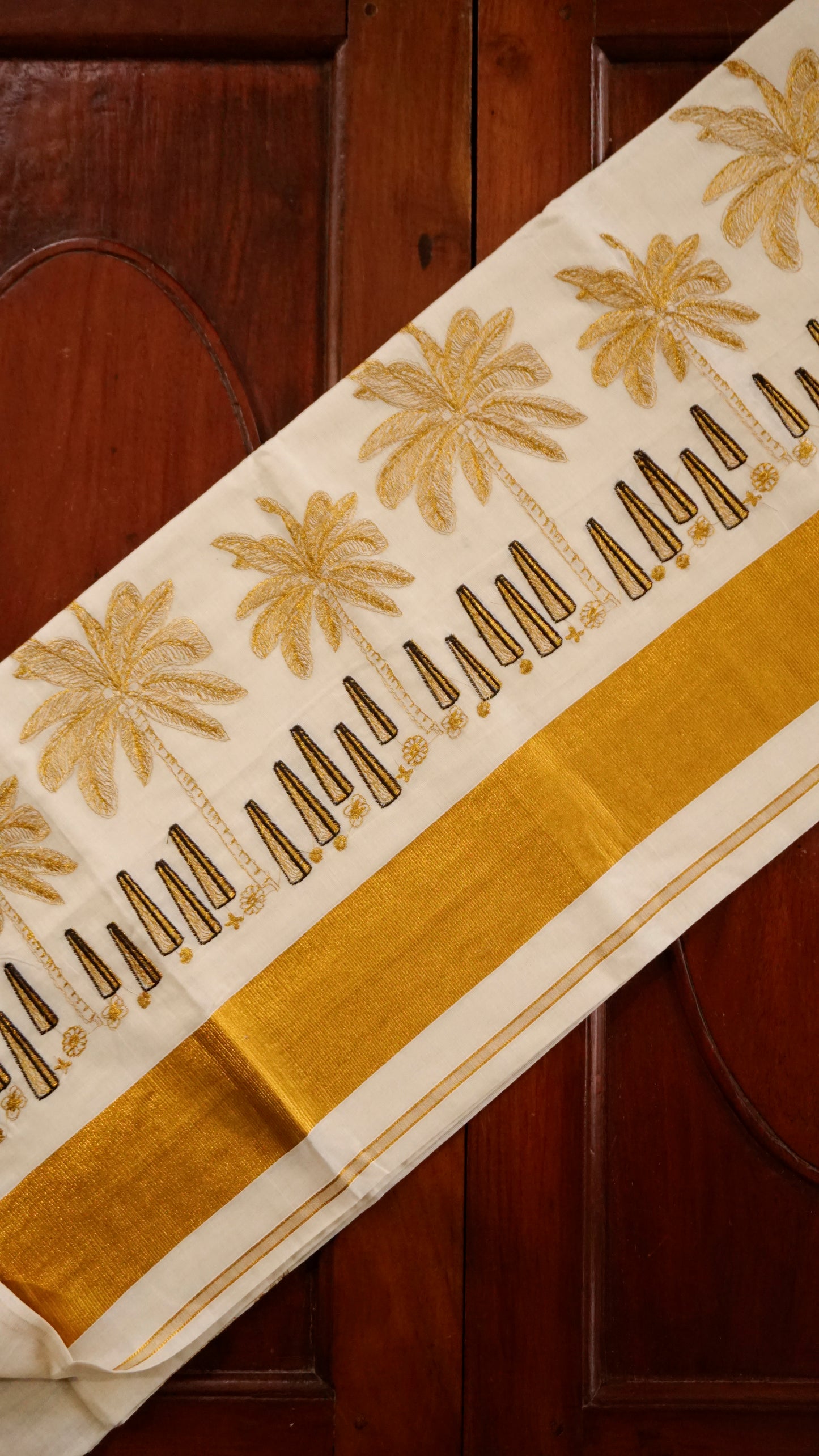 Traditional Kerala Kasavu Saree with Golden Palm Tree Motifs [MC66]