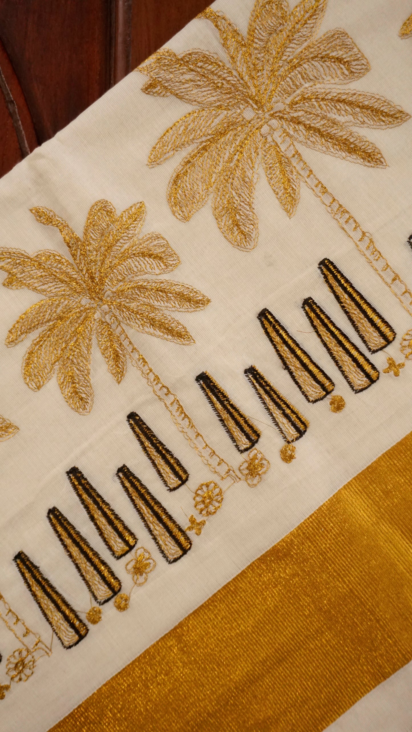 Traditional Kerala Kasavu Saree with Golden Palm Tree Motifs [MC66]