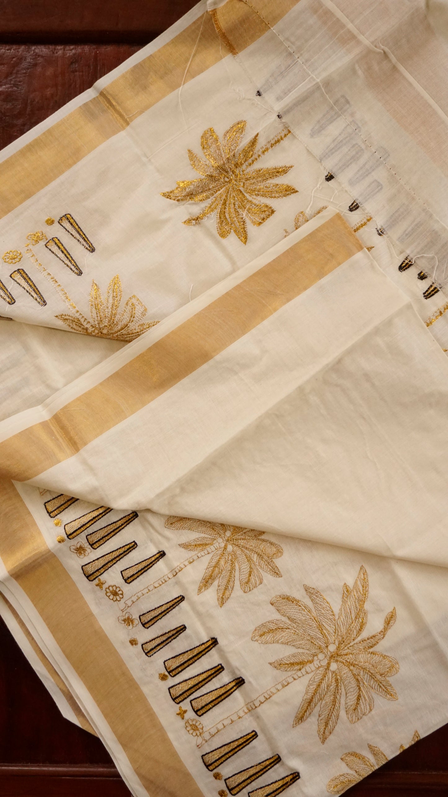 Traditional Kerala Kasavu Saree with Golden Palm Tree Motifs [MC66]