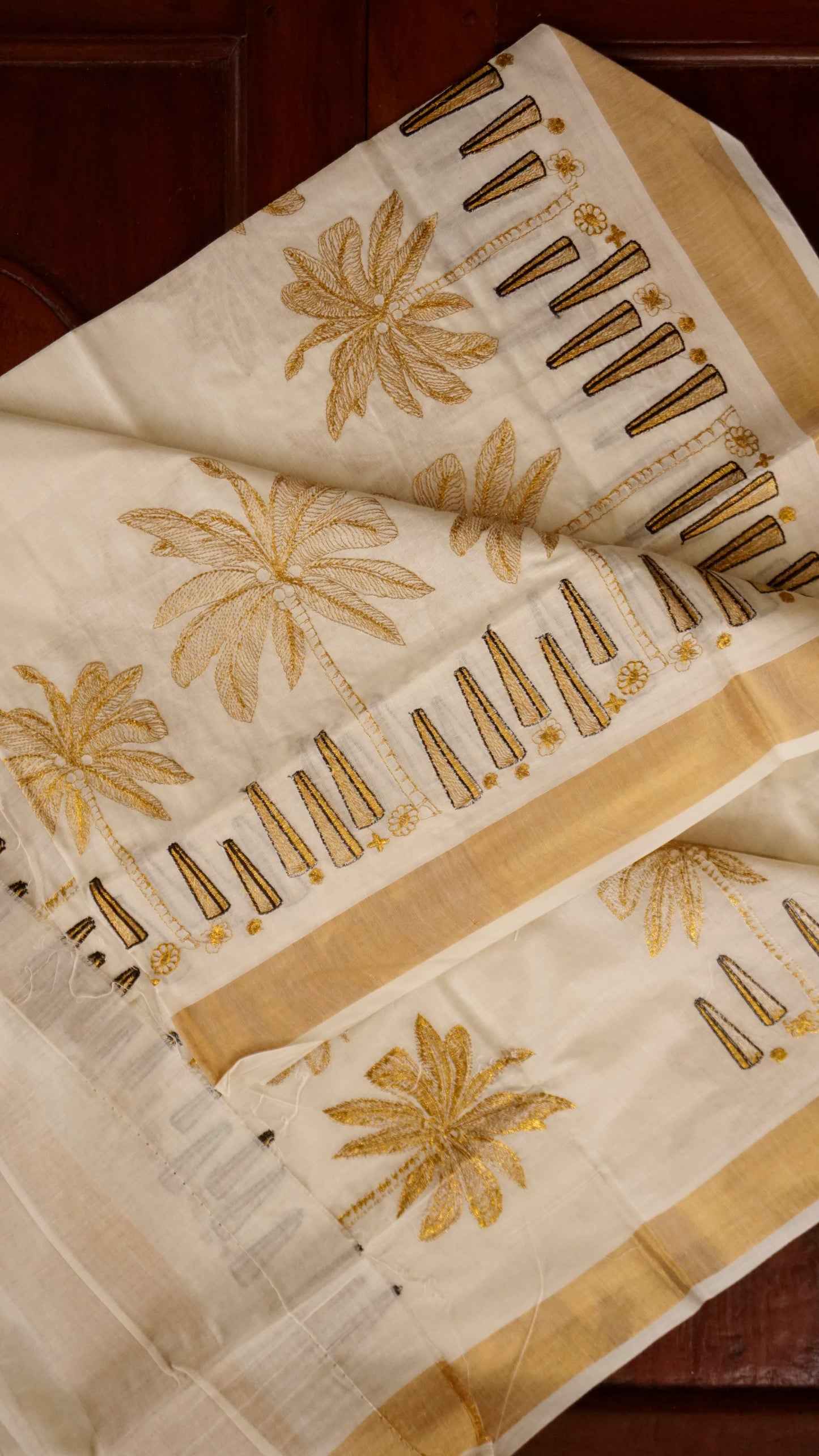 Traditional Kerala Kasavu Saree with Golden Palm Tree Motifs [MC66]