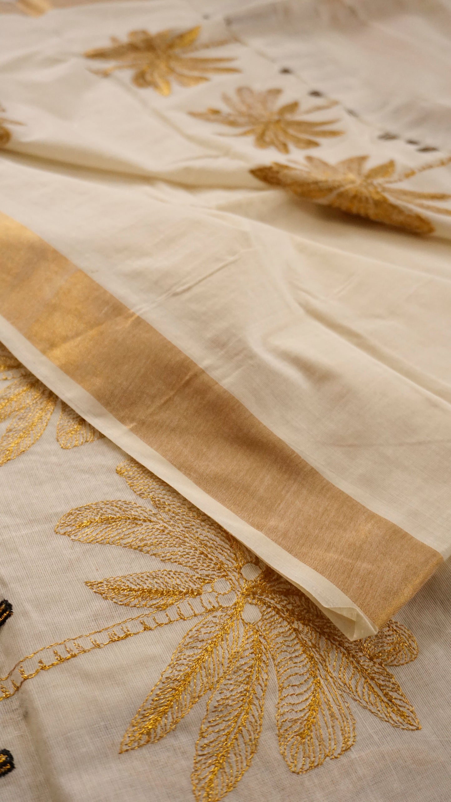 Traditional Kerala Kasavu Saree with Golden Palm Tree Motifs [MC66]