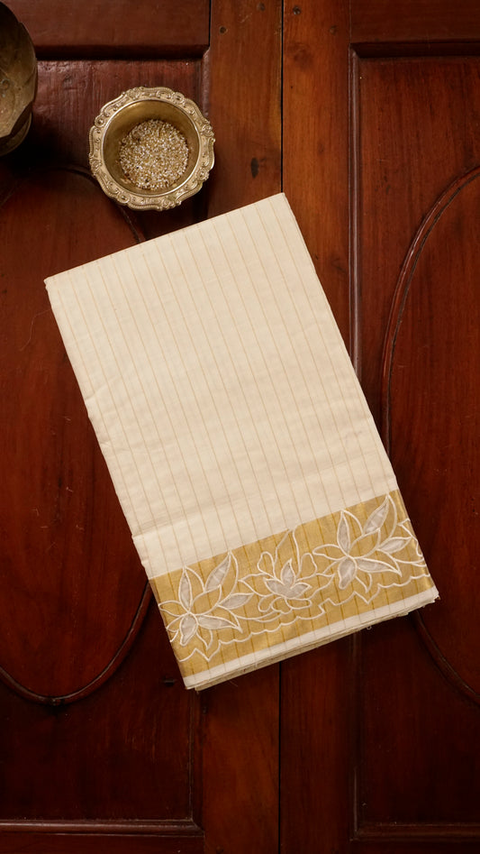 Kerala Kasavu Cotton Saree Cream & Golden Zari Border [MC63]
