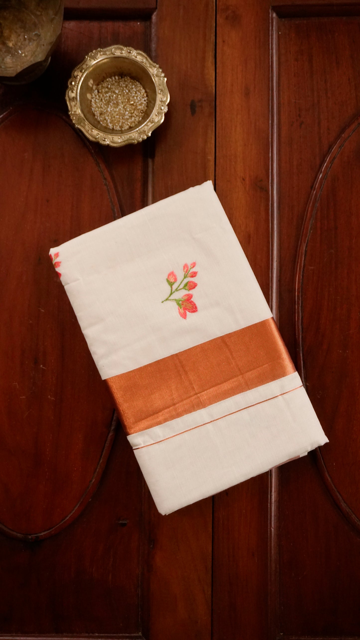 Kerala Cotton Saree Cream & Rust Orange Border [MC62]