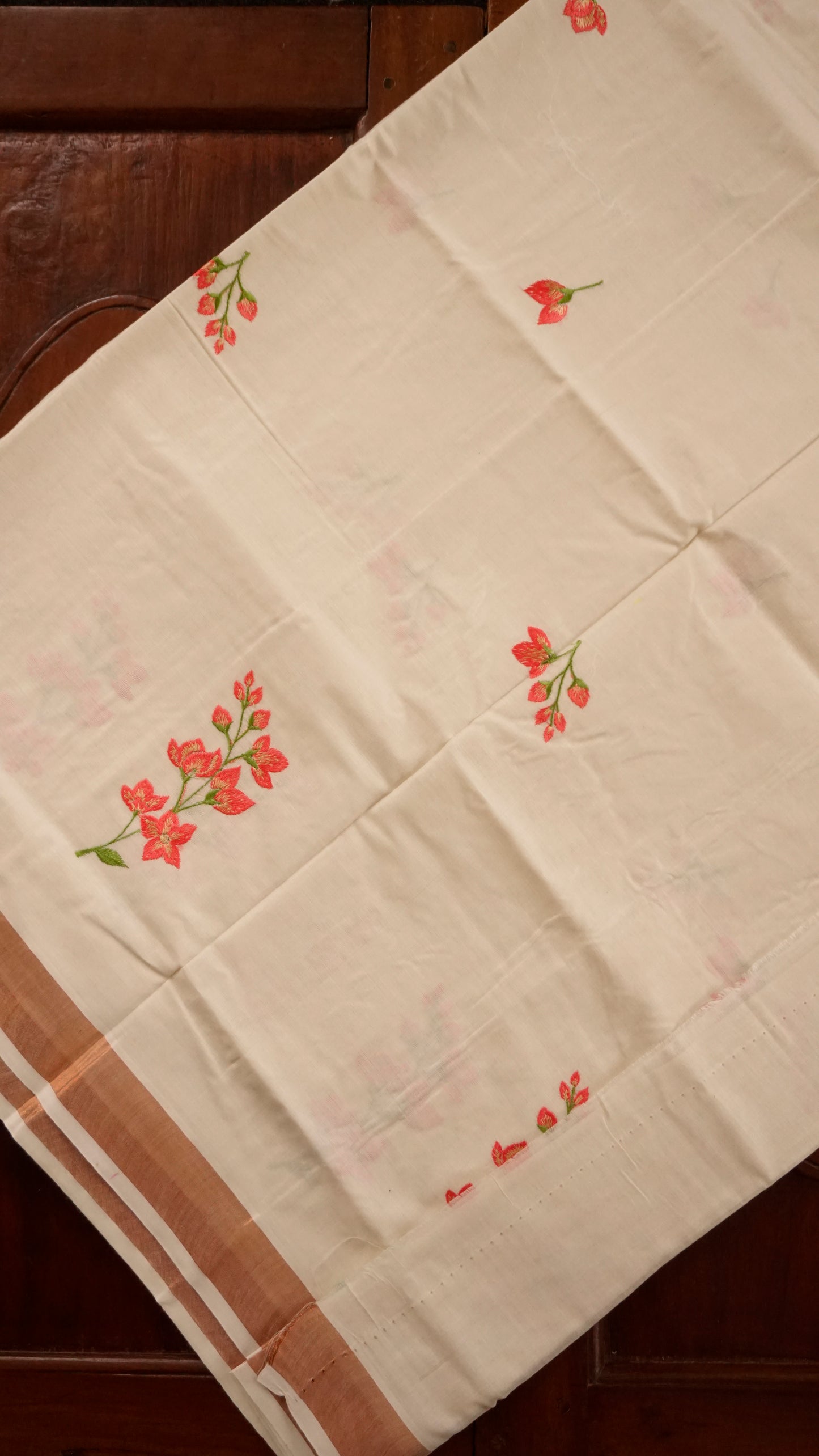 Kerala Cotton Saree Cream & Rust Orange Border [MC62]