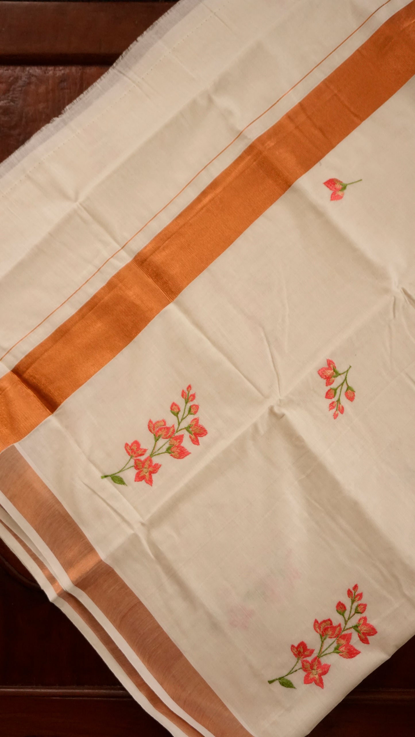 Kerala Cotton Saree Cream & Rust Orange Border [MC62]