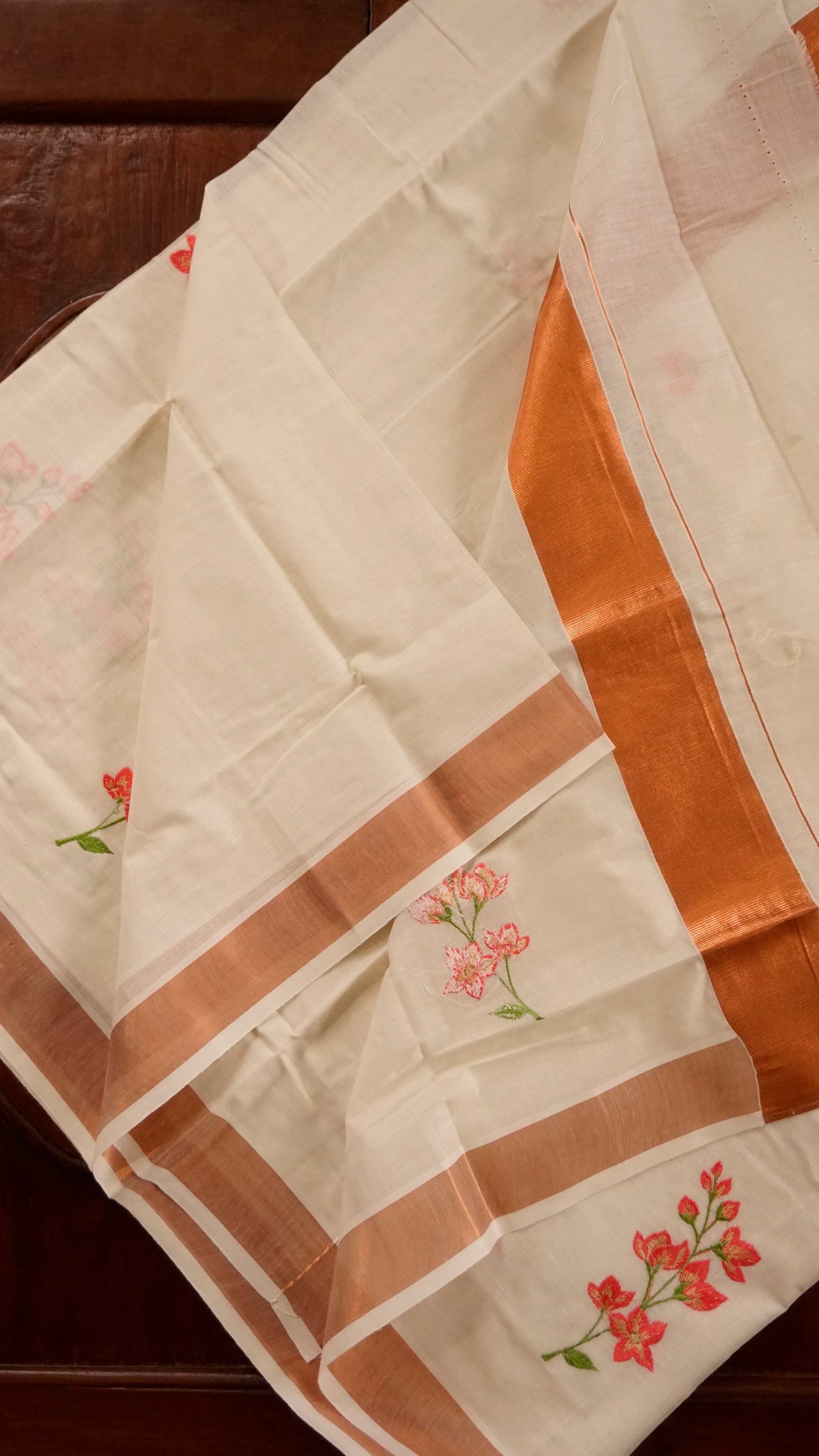 Kerala Cotton Saree Cream & Rust Orange Border [MC62]