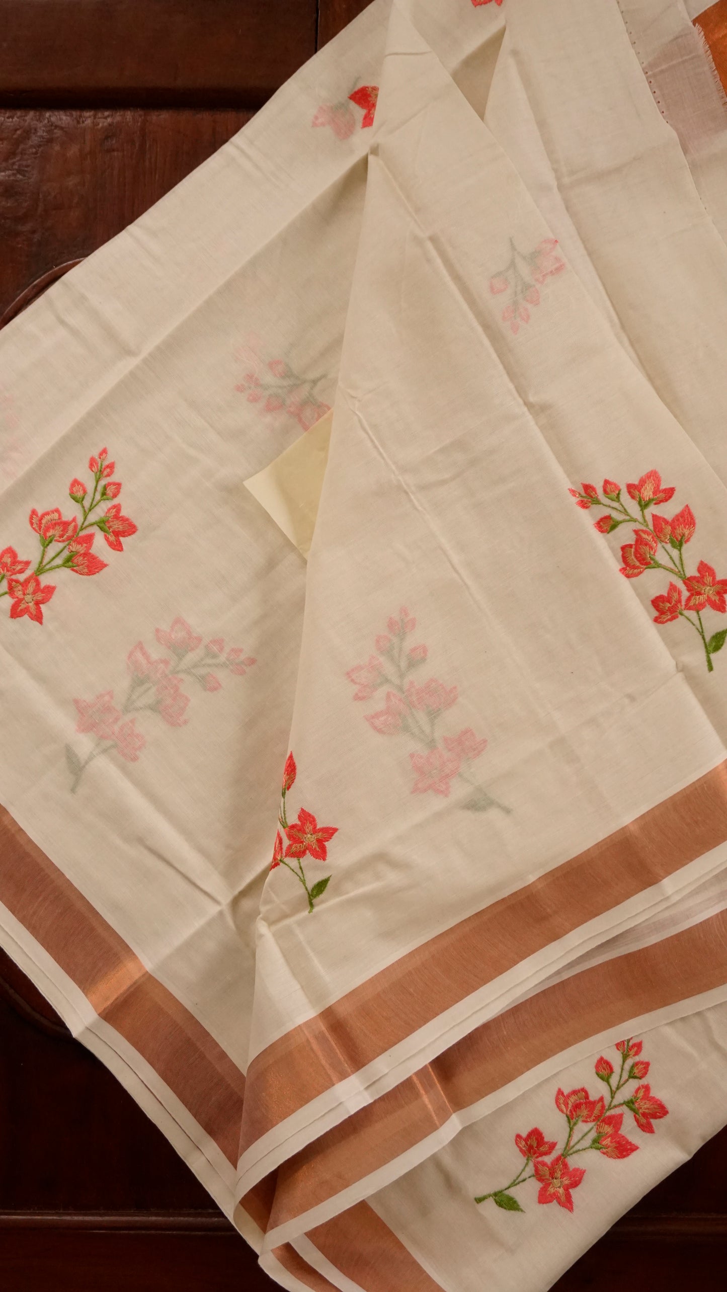Kerala Cotton Saree Cream & Rust Orange Border [MC62]