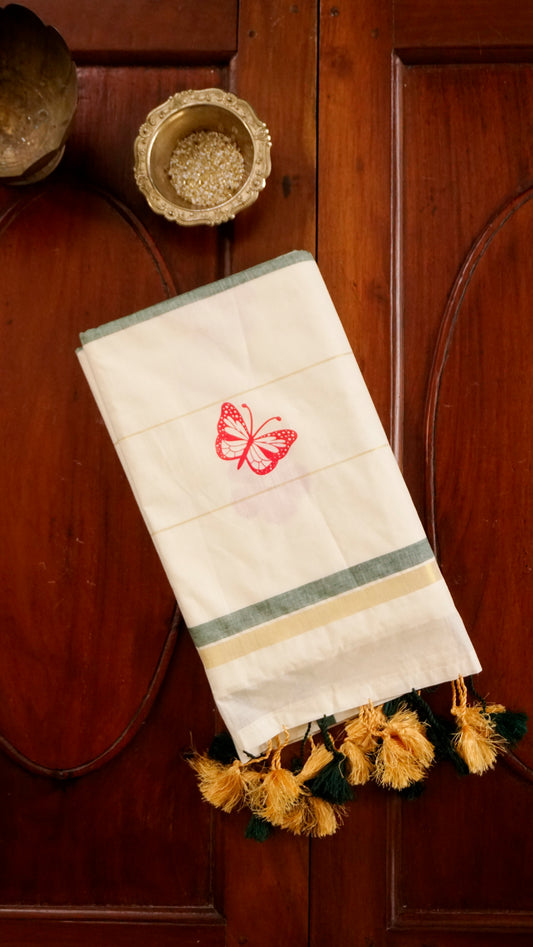 Kerala Cotton Saree  Cream & Teal Green Check Border  [MC88]