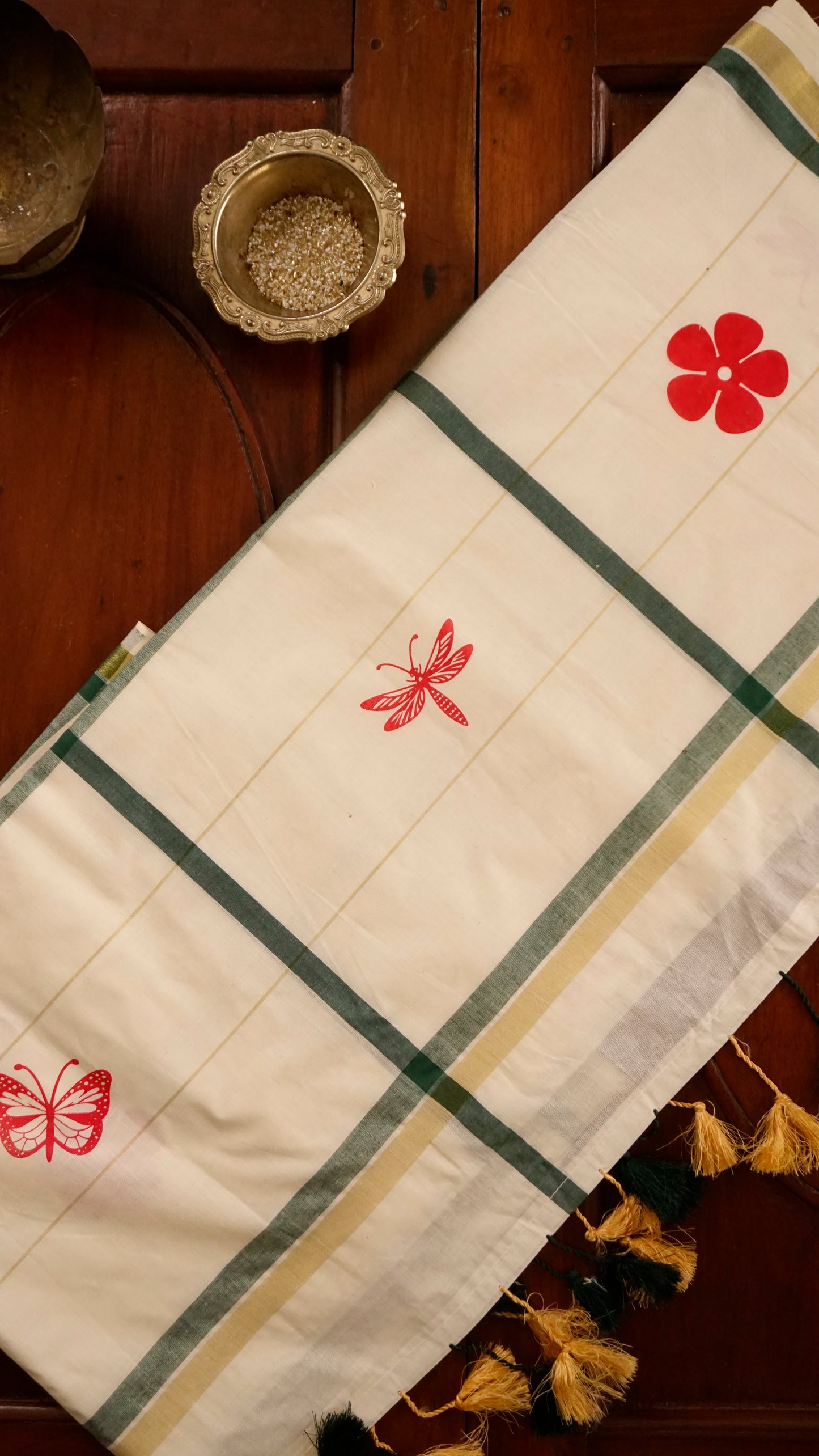 Kerala Cotton Saree  Cream & Teal Green Check Border  [MC88]