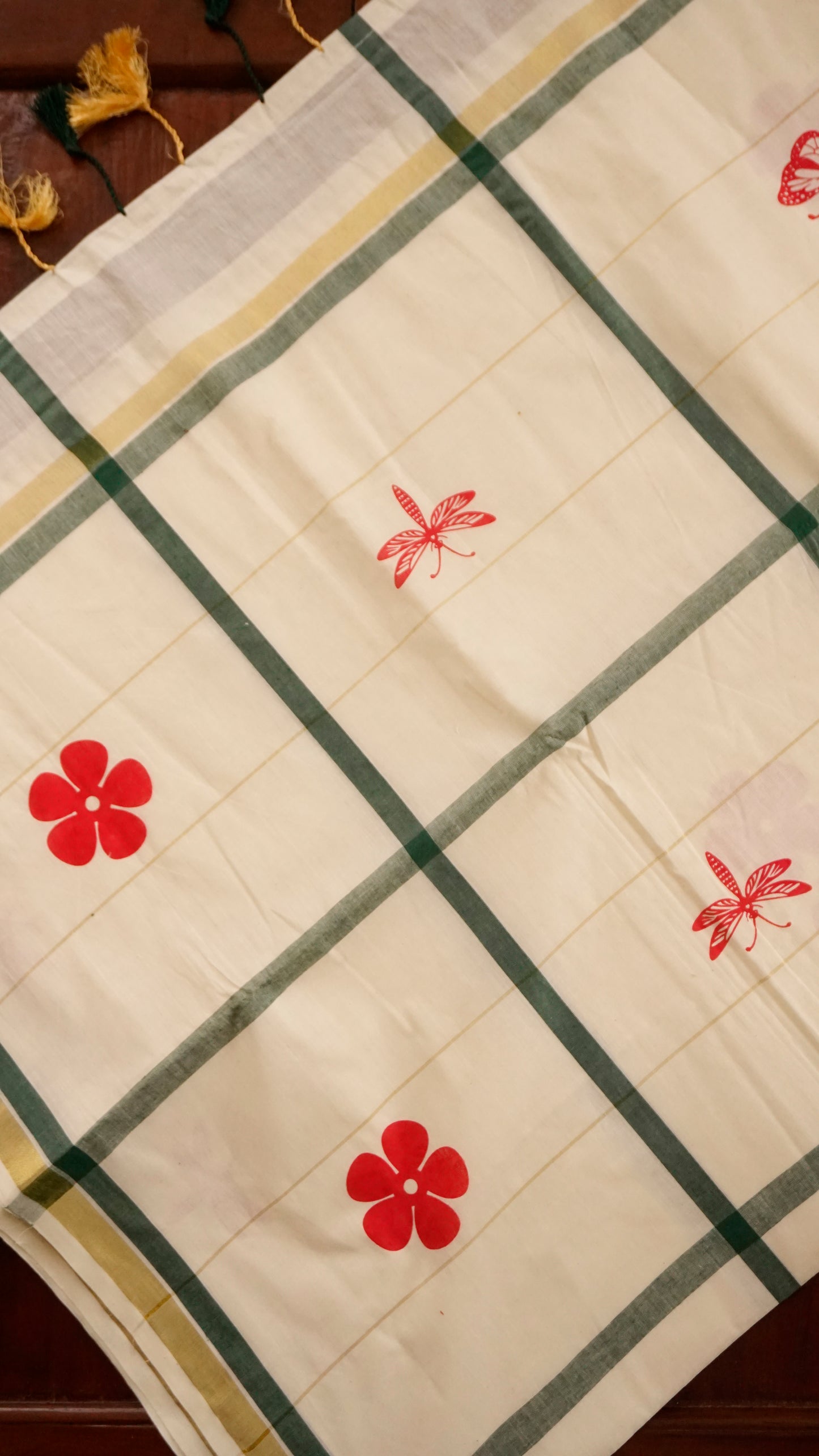 Kerala Cotton Saree  Cream & Teal Green Check Border  [MC88]